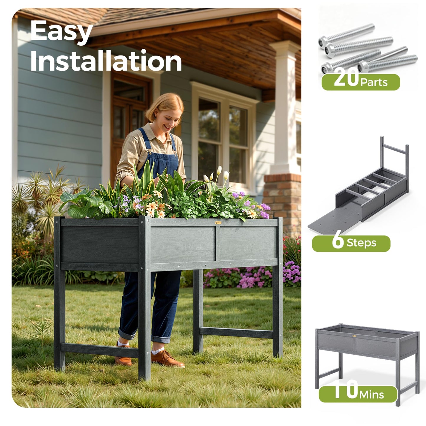 TT Nature HDPE Raised Garden Bed with Legs, 47x22x30 inch Outdoor Elevated Planter Box for Vegetables, Herbs & Flowers, Weather-Resistant Raised Garden Beds for Patio, Balcony & Backyard Gardening