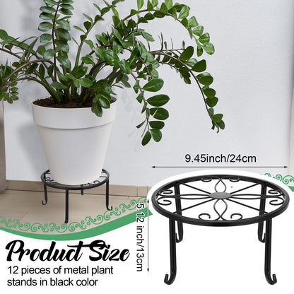 Maitys 12 Pack Metal Plant Stands Outdoor Indoor Heavy Duty Flower Potted Holder Anti-Rust Plant Pot Shelf Round Flower Display Rack for Porch Garden(Black)