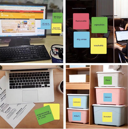 Dry Erase Sticky Notes Reusable Labels for Storage Bins Organizing Jar Pantry, Waterproof Removable Label Stickers for Kitchen Office School All Purpose Use (4x4 inches), Dry Erase Sheets