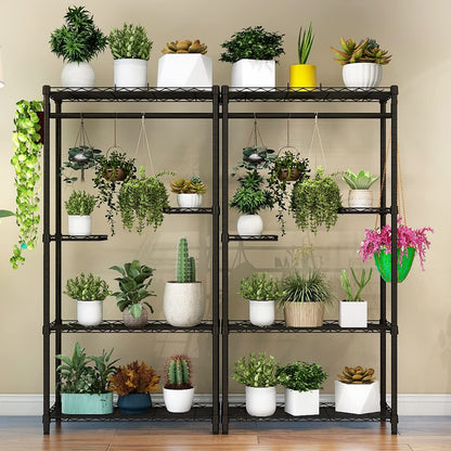 Xiofio Plant Stand for Indoor Outdoor,Metal Plant Stands,Adjustable Plant Shelves with Hanging Rod for Bedroom Living Room Balcony Garden,Black