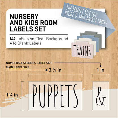 Hygge & Sage Nursery Organization and Kids Room Organization Label Stickers | 144 Clear Preprinted Stickers with Black Print | Easy to Remove Labels for Kids Playroom Storage or Nursery Storage