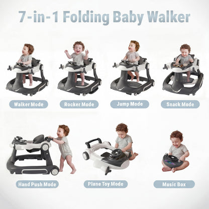 TODECARE 7 in 1 Baby Walker, Foldable Jumper Activity Center with Adjustable Height, Music, Lights, Speed Control, Detachable Play Tray, Infant Push Walker with Wheels for Boys Girls (Gray)