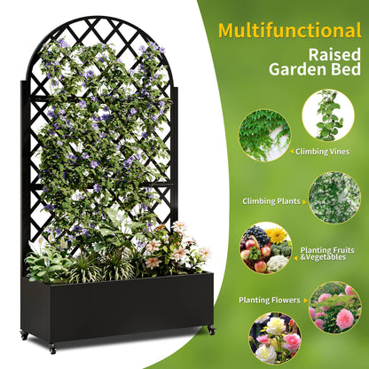 Metal Planter Box with Trellis, 73-Inch Tall Raised Garden Bed with Wheels, Privacy Screen Planter for Climbing Plants, Vegetables & Vines, Galvanized Steel Outdoor Privacy Shield, Black (Round)