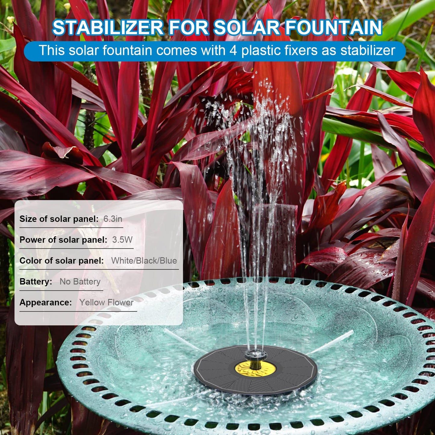 Yzert Solar Bird Bath Fountains,3.5W Glass Panel Solar Fountain Pump for Bird Bath No Battery,Solar Water Fountain Outdoor with 4 Fixed Pipes 7 Nozzles(Black)
