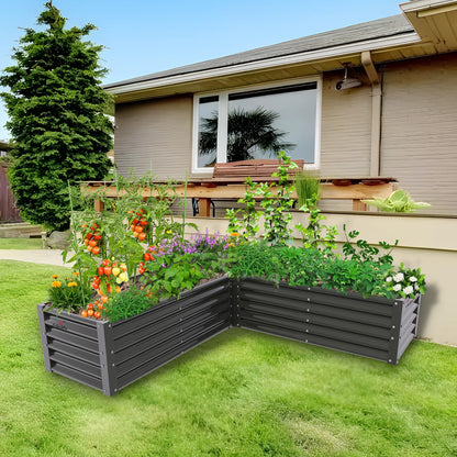 A ANLEOLIFE 2 Set L-Shaped Galvanized Raised Garden Beds Outdoor,74x74x18in Large Metal Planter Box for Planting Vegetables Flowers Herb, Anti-Rust & Easy-Setup, Quartz Grey