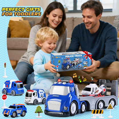 ShyLizard Toddlers Truck Toys,Boy Toys Gifts for 1 2 3 Years Old,5 in 1 City Police Transport Truck with Lights & Sounds,Ideal Birthday for Baby Toddler 12-18M+