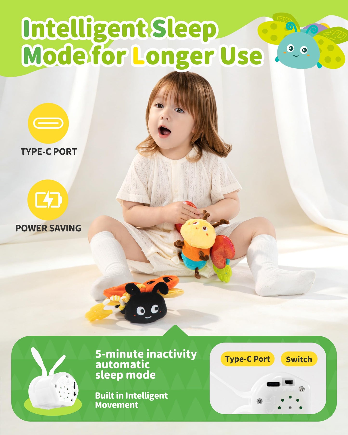 Jollybaby Musical Flying Ladybug Toy - Car Seat, Stroller, Crib & Play Gym Hanging Toys for Baby 0-6-12-24 Months, Tummy Time Sensory Music Toy for Infant Boys and Girls Gifts