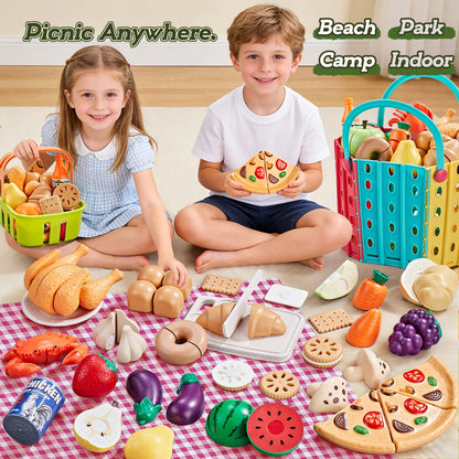 LAUGIGLE 86Pc Wheat Straw Play Food for Kids Kitchen-Toy Food with 2 Baskets & Picnic Blanket, Realistic Cutting Pizza, Grocery Cans, Pretend Play Kitchen Accessories & Toddler Toys for Boys Girls 3+