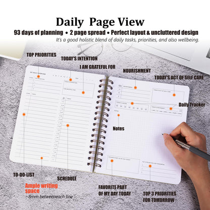 Daily Productivity Planner with Monthly View - Large 93 Day Dashboard Desk Notepad for Time Management, Mindfulness, Self Care, Goal Setting, To Do List-Hard Cover Wire-bound