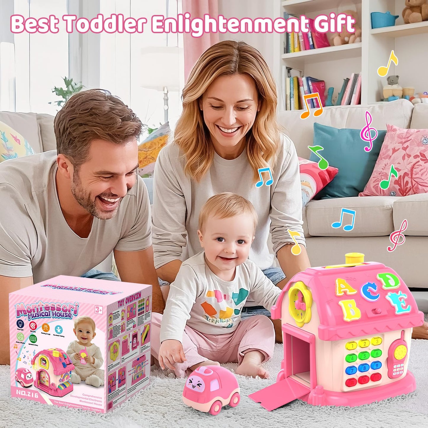 Fidecexv Toddler Toys for 1 Year Old Girl Gifts, 12-in-1 Montessori Musical House Toddler Learning Toys for 1-2, 1st First Birthday Gifts Baby Girl Boy Gift Toys 6-12 12-18 Months, Pink