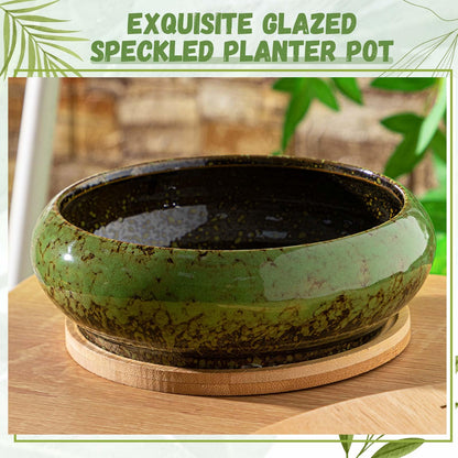Acellegic 2 Pack 7.3 Inch Round Large Shallow Succulent Ceramic Planter Pots with Drainage Hole Drip Glazed Shallow Bonsai Pot with Bamboo Tray for Indoor Outdoor Plants Decor Cactus Flower