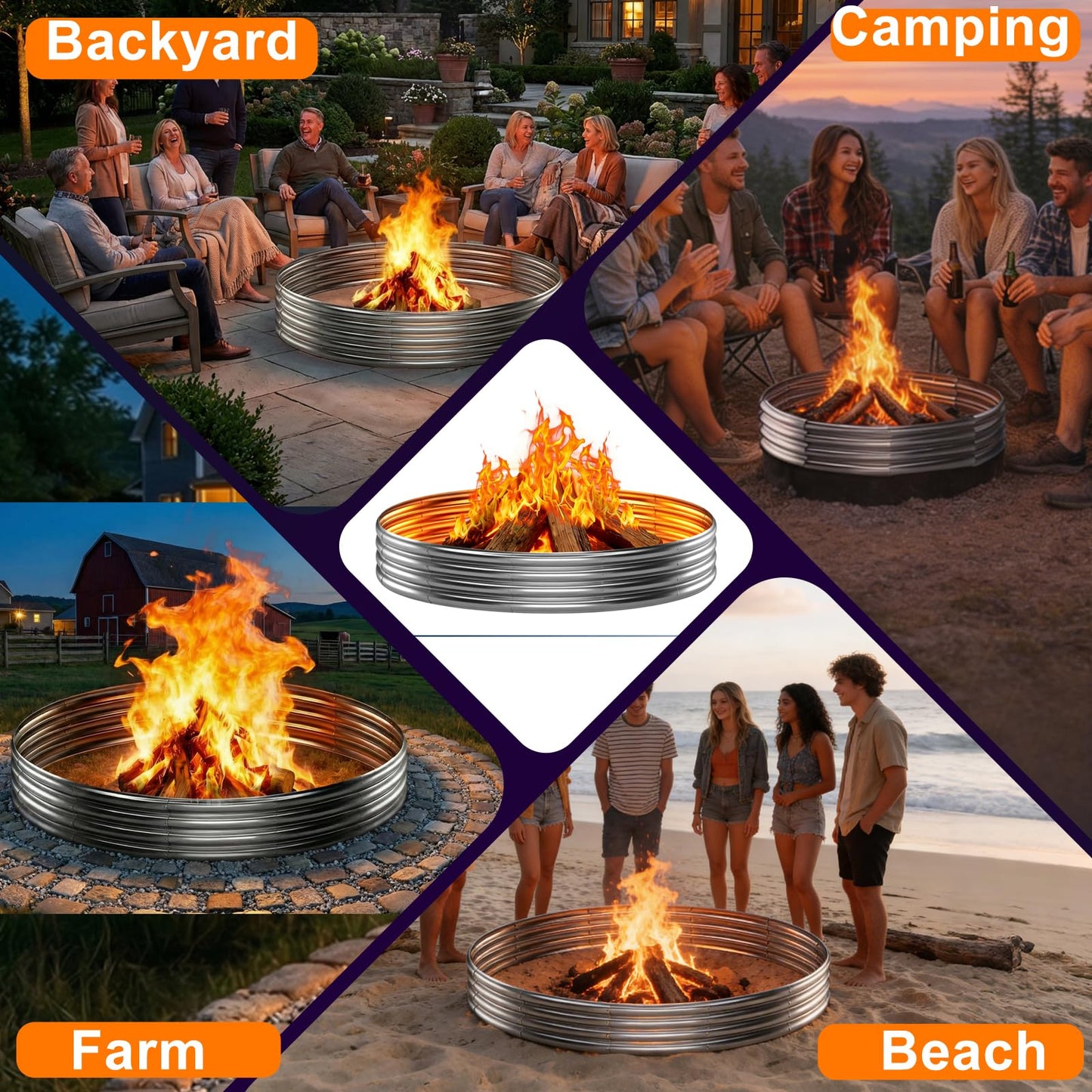 Fire Pit Ring for Outside Wood Burning, 36in Outdoor Fire Pit, Heavy Duty Steel Burn Pit for Backyard, Camping, Bonfire, Modern Style Large Metal Fire Pit Ring