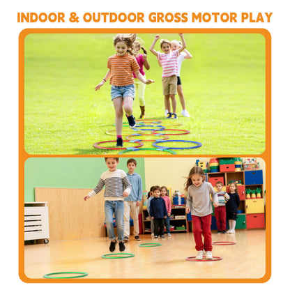 Oranmew Hopscotch Rings – Hoop + Square, 2-Set – (10 Round + 10 Square, 15-inch) + 30 Connectors, Agility Rings for Kids, Gross Motor Skills, Preschool & Kindergarten PE, Playground Obstacle Course