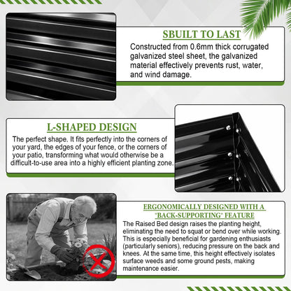ElaraBerry 6.2x6.2x1.5 ft Raised Galvanized Garden Beds Outdoor L Shaped, Large Corner Metal Deep Root Planter Box with Gloves for Planting Vegetable Flower Herb, Anti Rust, Easy Setup, Gray (Square)