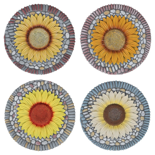 PINPON 4 Pack Sunflower Stepping Stones – 10 Inch Cement Garden Pavers with Colorful Pebble Border, Hand-Painted Outdoor Walkway Stones, Weather-Resistant Decorative Path Stones for Patio & Yard