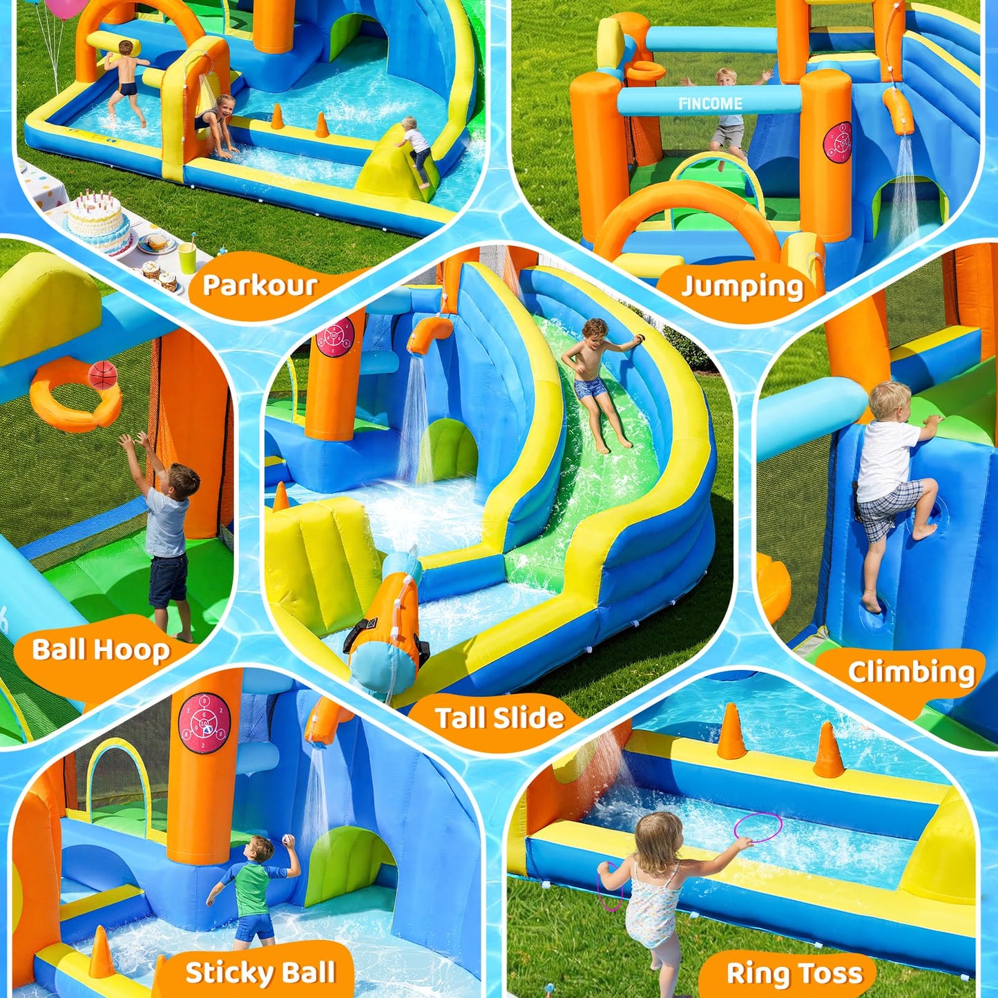 FINCOME Inflatable Bounce House with Water Slide, Kids Bouncy Castle with 480W Blower Slide Steeplechase Jumping Climbling Ring Toss Ball Hoop, Outdoor Indoor Bouncing House for Birthday Party Holiday