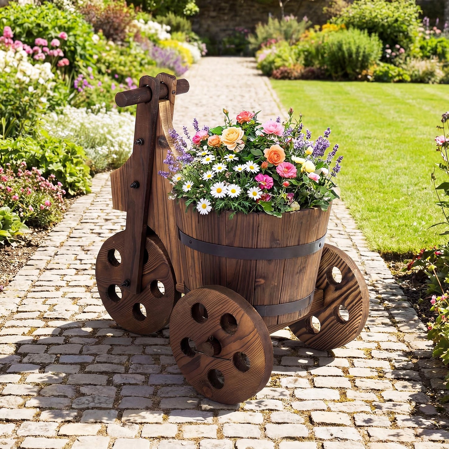 HAPPYGRILL Wooden Wagon Planter, Rustic Wood Wheelbarrow Planter w/3 Wheels,Drainage Hole & Storage Box for Growing Vegetables Herbs, Indoor Outdoor Flower Pot Cart for Patio Balcony Garden Decor (1)