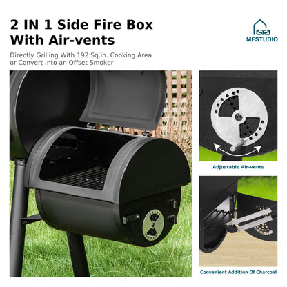 MFSTUDIO Heavy Duty Charcoal Wood Offset Outdoor Smoker Grill, Charcoal Grill with Smoker Combo for BBQ Grilling, 512 SQ.IN.