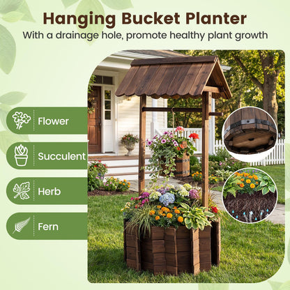 Giantex Wooden Wishing Well Planter with Hanging Bucket, Carbonized Fir Wood Outdoor Garden Planter for Flowers, Rustic Decorative Flower Pot for Yard Patio Deck Home Decor