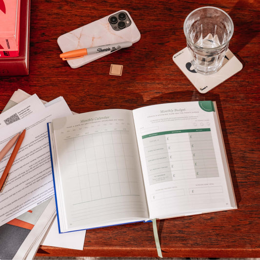 Papier Shine Finance Planner - Olive Hardback | Track Expenses, Savings, Outgoings | Undated | Includes Money Tracker, Daily & Monthly Calendar, & Monthly Budget Section | Budgeting Gift For Students