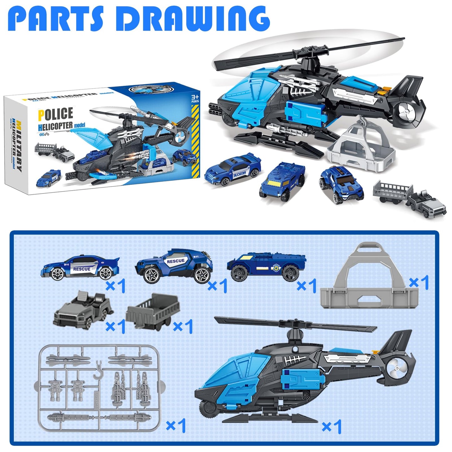 Frontoytall Police Rescue Helicopter Toy Set for Kids 3-8, Transport Cargo Helicopter with 3 Police Cars & Truck, Rotating Blades, Storage Cabin, STEM Learning Toys Gift for Boys Girls