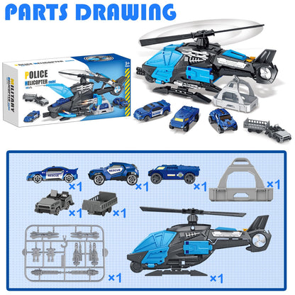 Frontoytall Police Rescue Helicopter Toy Set for Kids 3-8, Transport Cargo Helicopter with 3 Police Cars & Truck, Rotating Blades, Storage Cabin, STEM Learning Toys Gift for Boys Girls