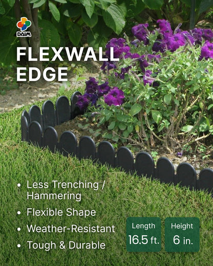DAIM FlexWall Edge Landscape Edging, Fancy Garden Edging for Landscaping, Sturdy Garden Fencing & Landscape Border that Retain Soil & Stop Weeds, for Landscaping & Fencing Project, Black, 6" x 16.5 ft