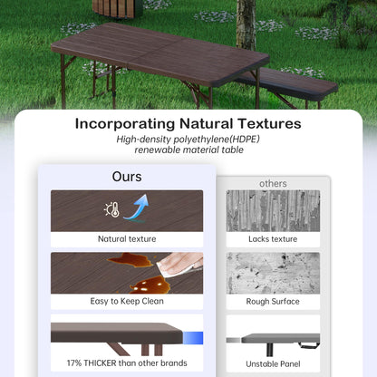 VSOAEIL Folding Table 4 Foot for Indoor Outdoor, Portable Heavy Duty Fold-in-Half Utility Small Plastic Adjustable Height Folding with Carrying Handle for Picnic Camping and Party, Brown