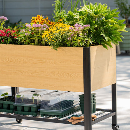 Rolling Elevated Garden Bed, 2' x 4' Metal Woodgrain Elevated Outdoor Planters Boxes with Legs & Storage Rack for Patio, 1000 lbs Weight Capacity, Raised Beds for Gardening Herb Flowers Vegetables