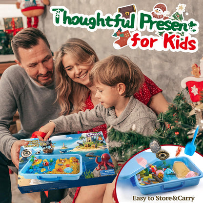 KNASON Pirate Treasure Chest Sensory Bin,Play Sand Kit for Boys with Pirate Accessories,2.2lbs Sand,Glow in The Dark Gems and Map,Pretend Play Adventure Sensory Toys for Toddlers Kids Ages 3 4 5 6 7 8