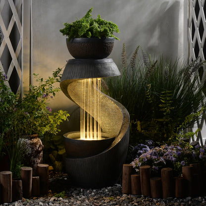 Sunlinua 31.9" S-Shaped Water Outdoor Fountain–Modern Cascading Waterfall Feature with LED Lights & Planter Bowl, Garden Fountains Outdoor for Patio, Balcony, Yard or Home Decor, Resin Waterfall