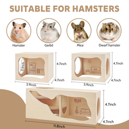 Hamster Hideout Wooden House,Hamsters Multi Chamber Hideout,Small Animal Habitat for Clear Observation,Hamster Toys for Dwarf Hamstersm,Gerbils, Hedgehogs, Rats, Mice(Study Room)