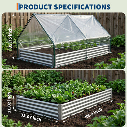 Raised Garden Bed with Cover, 6x3x1 Ft Raised Garden Beds Outdoor Galvanized Metal Planter Box with 2 Screen Windows, Mini Greenhouse for Vegetables and Flowers