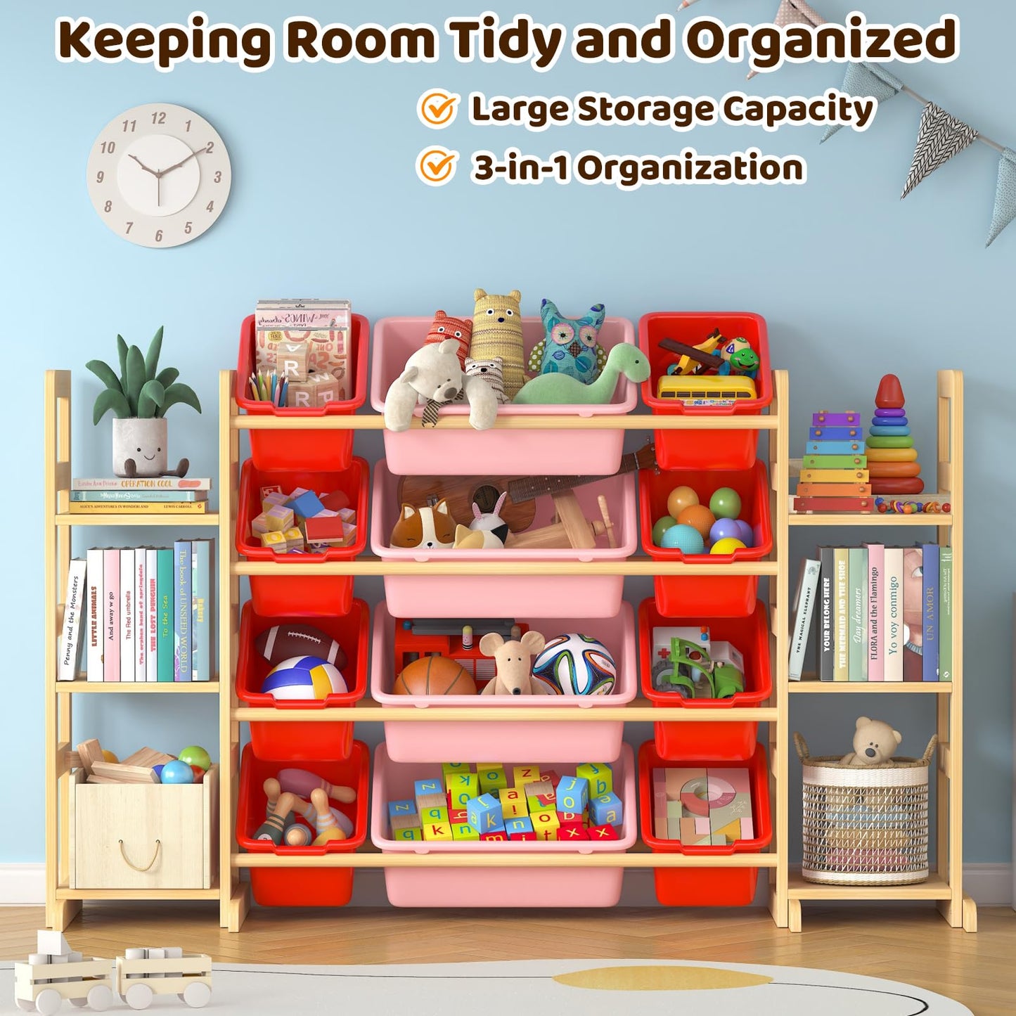 Ratulie Large Toy Storage Organizer Kids Toy Organizer and Bookshelf Combo with 12 Bins and 6 Shelves Toy Organization Box Toy Shelf for Playroom, Bedroom, Nursery