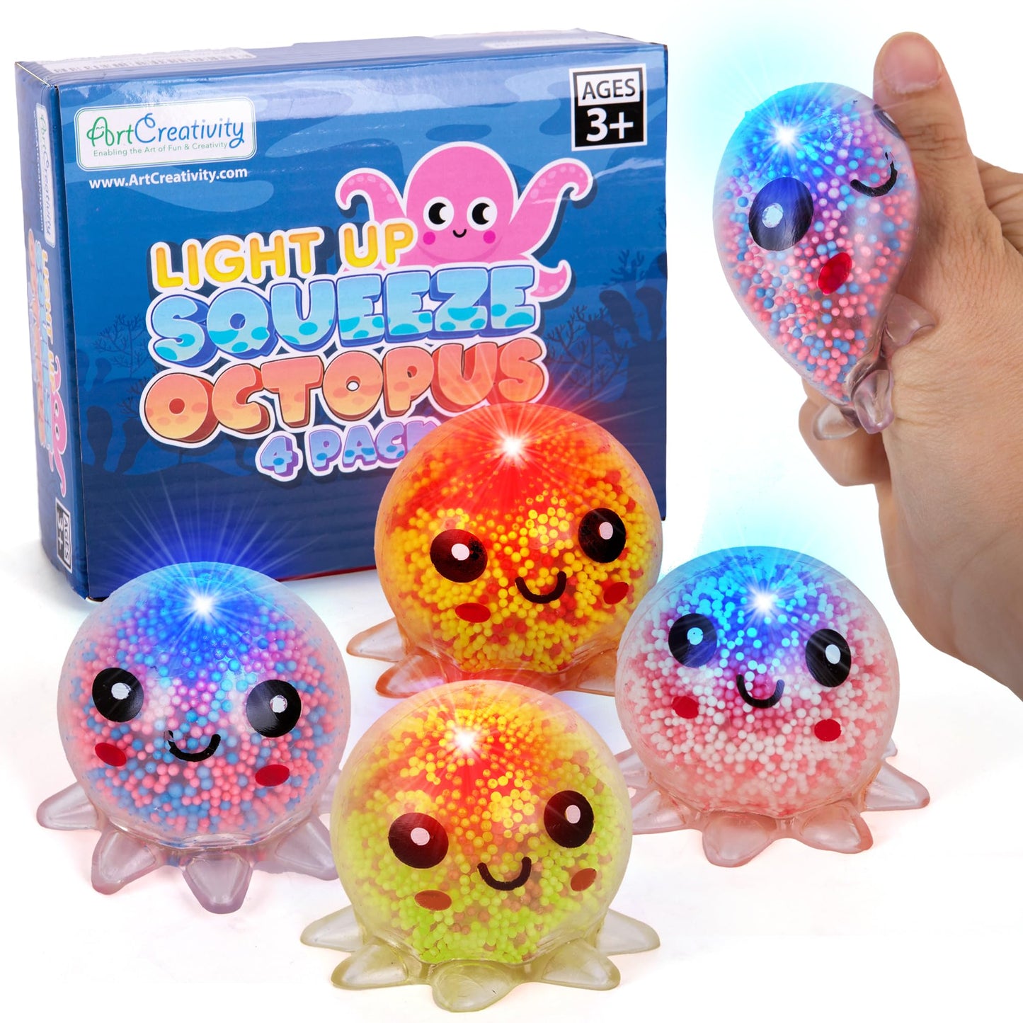 ArtCreativity Jumbo Light Up Squishy Octopus Toys – Set of 4 Fidget Sensory Toys for Kids & Adults – Glow in The Dark Toys for Autism, ADHD, Anxiety, Party Favors & Classroom Rewards