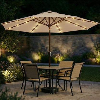 Patio Kingdom 10FT Solar Patio Umbrella with Lights, Outdoor Table Market Umbrella with 32 LED Lights, 8 Sturdy Ribs, Push Button Tilt and Crank for Pool, Deck and Garden, UV-Resistant, Beige