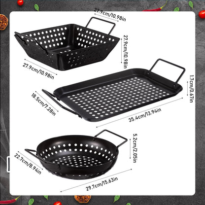 Teecyhooo 3 Pack Grill Topper Pans for Outdoor Grill, Stainless Steel Vegetables BBQ Grilling Basket with Holes Handles, Nonstick Barbecue Pan Grilling Gifts for Camping Picnic Cooking Seafood Meat