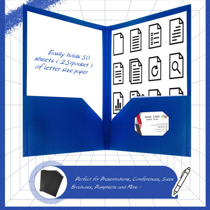 Patelai 50 Pack Plastic Folders with Pocket Bulk 2 Pocket Heavy Duty Letter Size Folders Business Card Holder for School Office File(Blue)