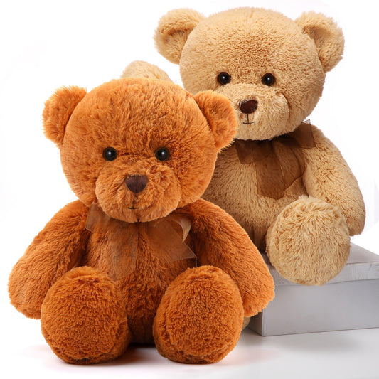 HyDren 2 Pack Bear Stuffed Animals 18 Inch Cuddly Stuffed Bear Plushies with Bow for Birthday Gifts Baby Shower Decors Valentines Party Decors(Light Brown,Brown)