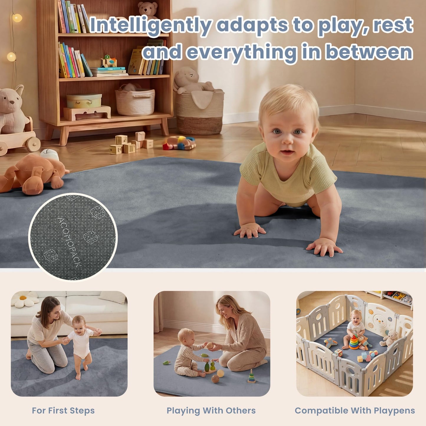 ACOMOPACK 1.3" Thick Baby Play Mat for Floor 50x50"-Memory Foam Water-Repellent Playpen Mat for Tummy Time,Non-Slip Soft Velvet Nursery Rug for Kids,Toddlers,Infants Crawling（Grey）