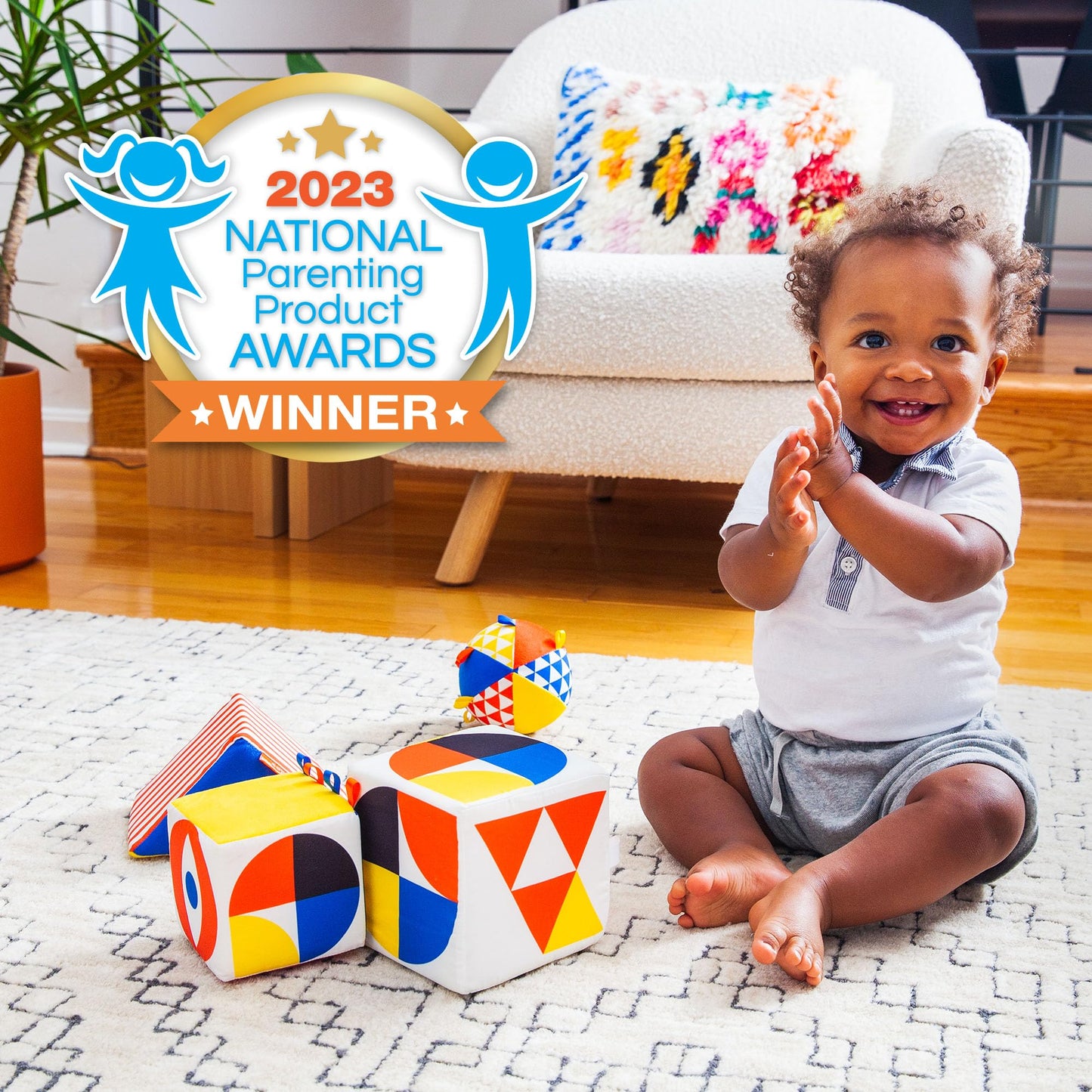 The Baby Bauhaus Set, Jumbo Soft Baby Blocks with Rattle Ball and Mirror from Follies, 0 to 18 Months, Newborn Gift, Award Winning Montessori Developmental Sensory Toys