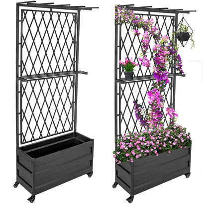 Stonehomy Metal Planter Box with Lattice Trellis and Wheels, 70 inches Tall Heavy Duty Planter Box & Raised Garden Bed with Trellis for Climbing Plants Flowers with Drainage Holes, 30Lx12Wx70H, 2Pack