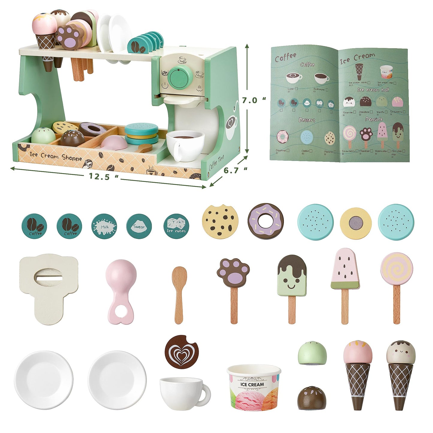 Wooden Ice Cream Toy, 3-in-1 Ice Cream Counter with Coffee Maker 28 PCS Toddler Pretend Play Kitchen Accessories Wooden Toys for 3 4 5 6 Year Old Girl or Boy (Ice Cream)