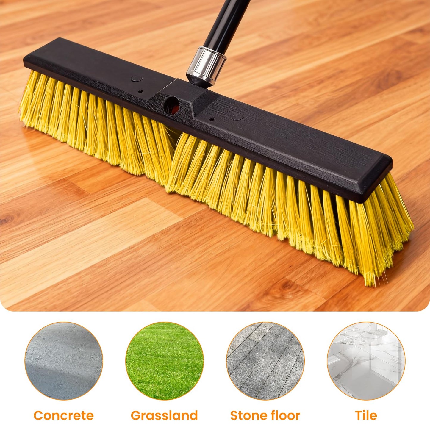 TOMAIX 24 Inches Push Broom Outdoor，Commercial Broom Brush，Stiff Bristle Brush with 61.8 inches Long Handle for Patio Garage Deck Street Shop Warehouse Lawn Driveway -2 Pack
