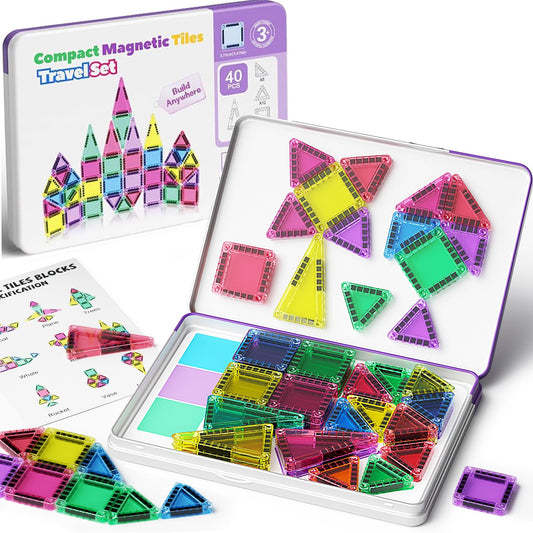 WMXDU Mini Magnetic Tiles, 40PCS Magnetic Building Blocks with Iron Box, Magnet Toys Travel Size On-The-Go Construction Set STEM Travel Toys for Boys and Girls Ages 3+