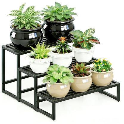 Hongsane Plant Stand Indoor Outdoor,3 Tier Ladder Metal Plant Stands Riser,Heavy Duty Wrought Iron Plant Shelves for Multi Large Pots,Black Tiered Flower Display Holder for Living Room,Patio,Balcony