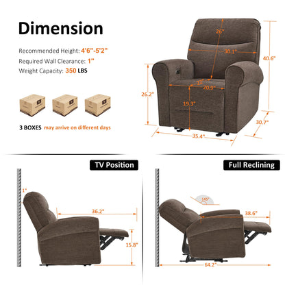 MCombo Compact Wall Hugger Power Recliner Chair for Small Spaces, Dual USB-A/C Ports, Rolled Arm Recliner for Living Room & RV, Fabric PR520 (Dark Brown, Small)