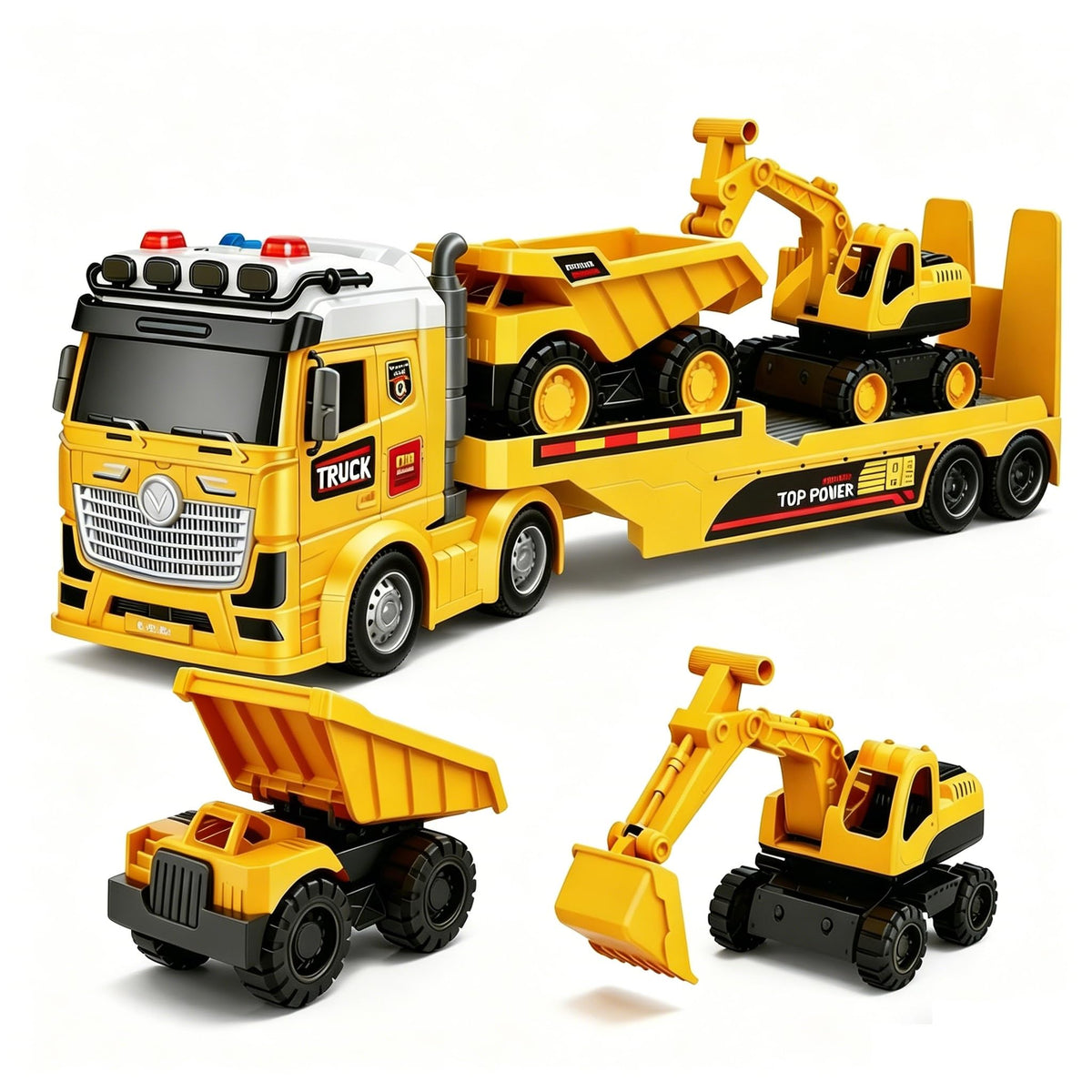 Toddler Boy Toys for Ages 3 4 5 6 7 8 Years Old, 25" Large Construction Carrier Truck Toy Excavator and Dump Truck, Friction Powered Vehicle with Lights & Sounds, Birthday Gift for Boys Girls