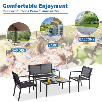 Vongrasig 4 Pieces Patio Furniture Sets,Outdoor Patio Conversation Sets with Glass Coffee Table, Small Porch Balcony Furniture, Patio Table and Chairs Set for Garden, Backyard (Black)