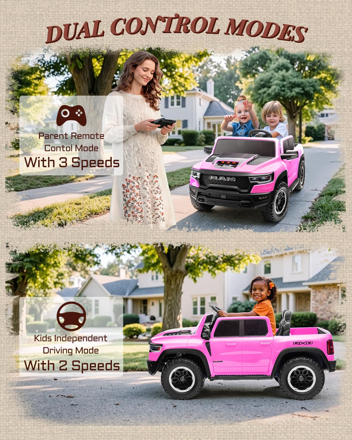 First Ride On 24V Ride On Toys for Big Kids, RAM 1500 2 Seater Ride on Car w/Remote, Battery Powered Truck w/ 4 Wheels Suspension, Toddler Car w/Bluetooth, LED Lights, Trunk